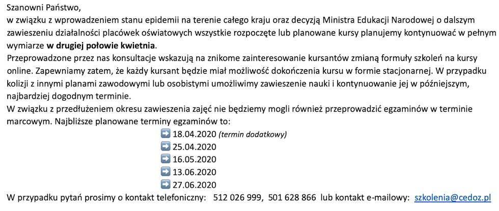 Zawieszone wszystkie zajęcia do połowy kwietnia 2020 r.