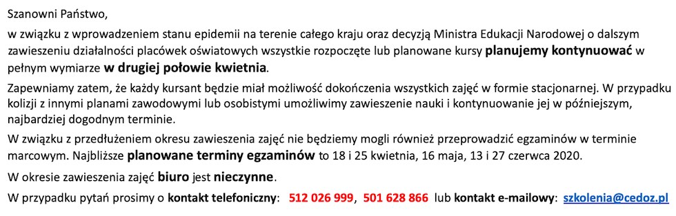 Zawieszone wszystkie zajęcia do połowy kwietnia 2020 r.